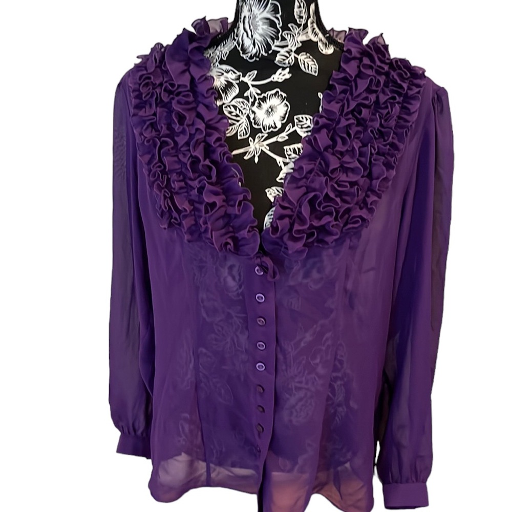DM New York  purple XL V-neck ruffle front semi sheer button front blouse
